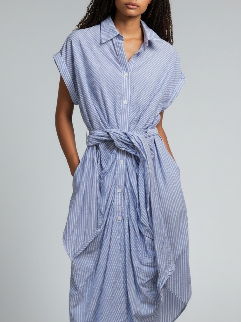 DO + BE Blue Striped Shirt Dress with Tie Waist